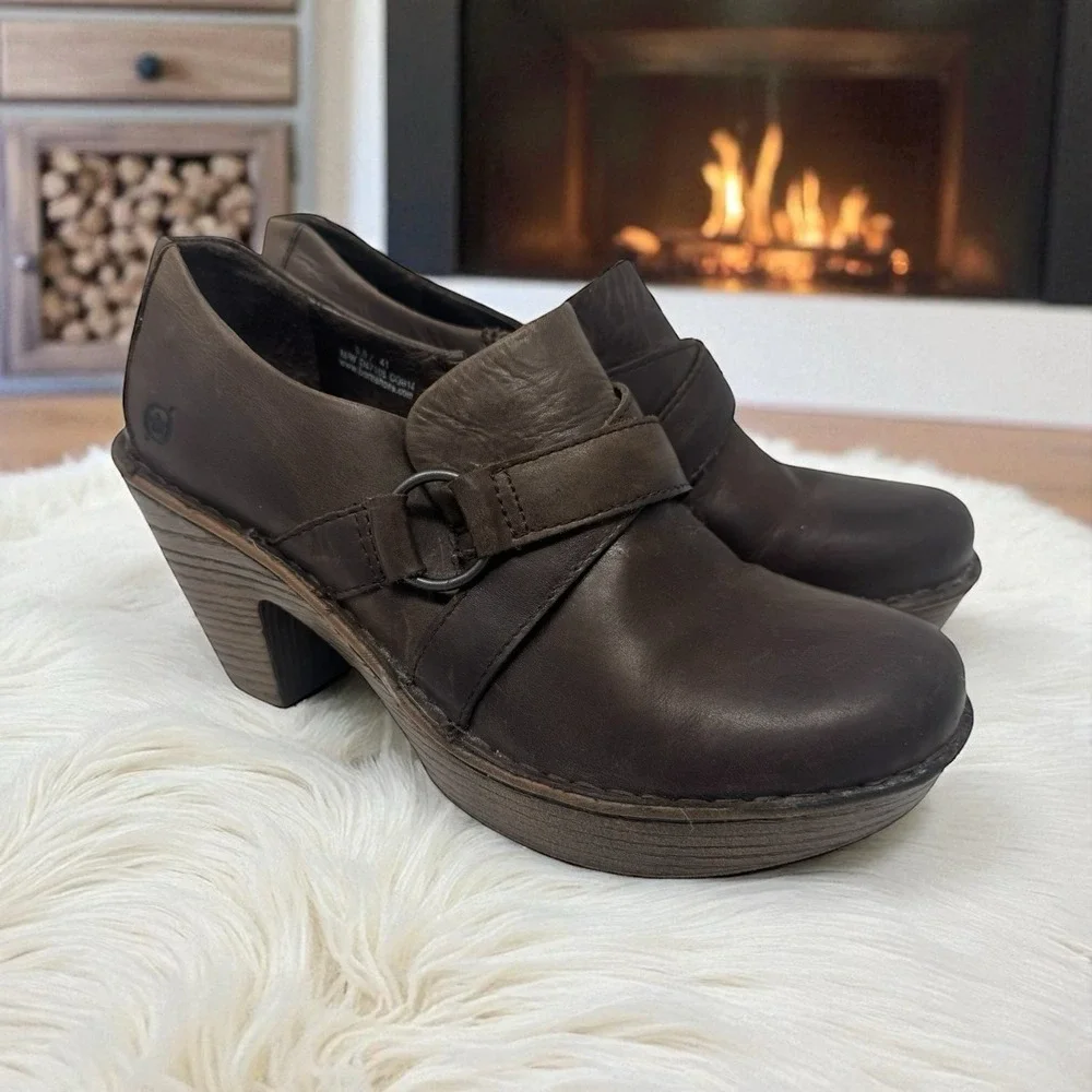 Vintage 🔥Born 🤎Chunky Clogs‎ Brown Leather Platform Heels Y2K Grunge Boho